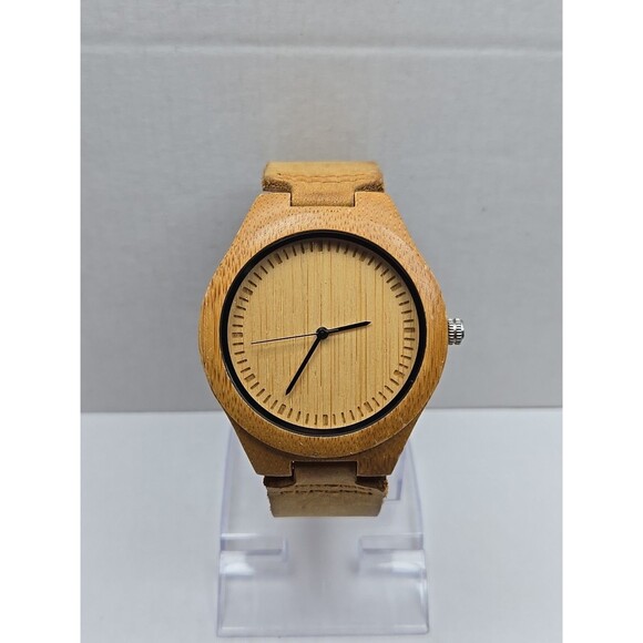 Cucol Bamboo Wooden Watch Brown Leather Strap Minimalist Quartz 45mm New Battery - Picture 1 of 12